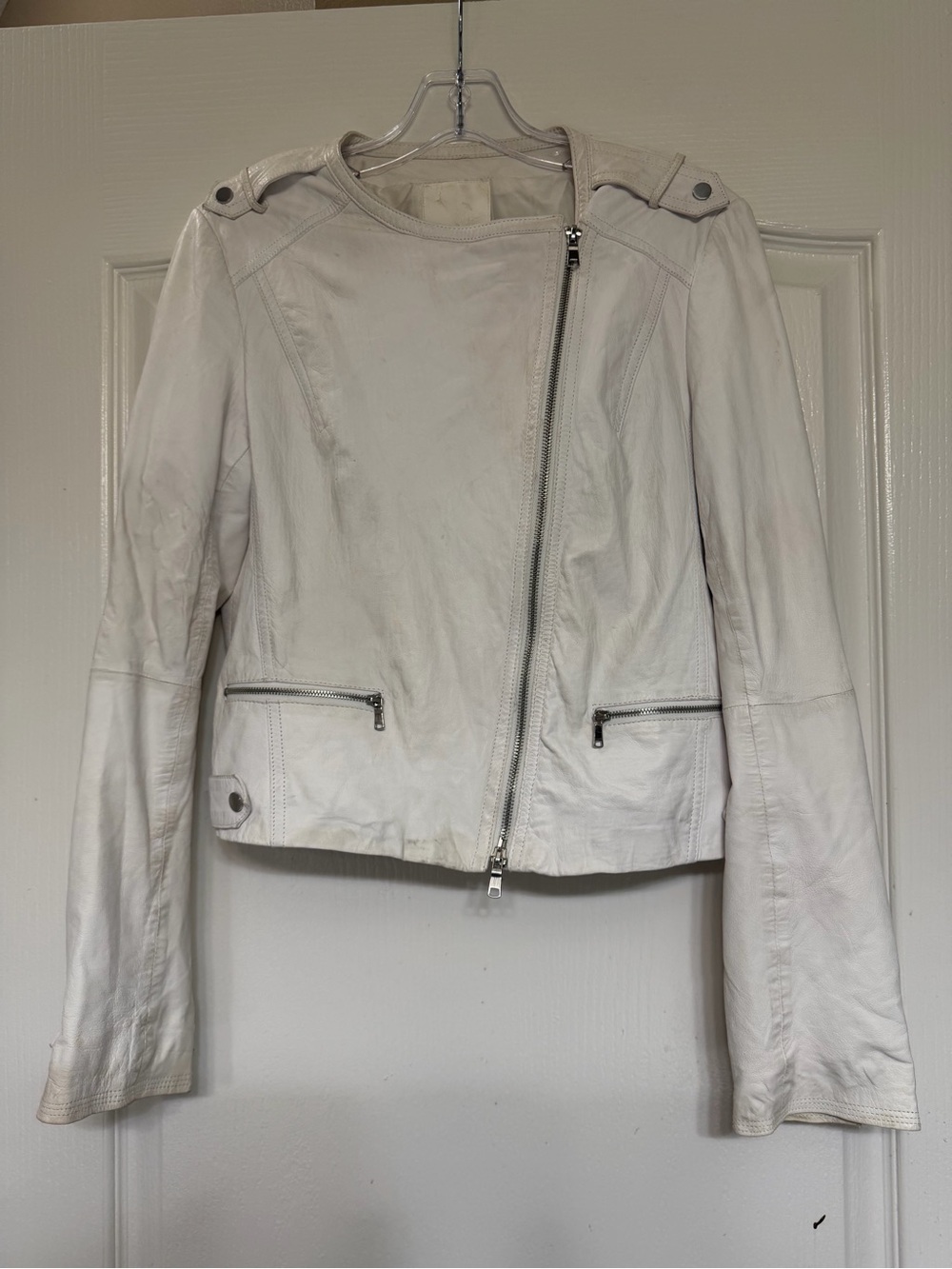 Joie Leolani Lamb Leather Moto Jacket M Cream Asymmetric Zip Silk Lined